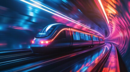 Fototapeta premium A futuristic train traveling through a vibrant, illuminated tunnel at high speed in an urban setting