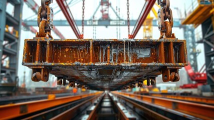 Heavy machinery in industrial setting, showcasing a large steel beam being lifted, demonstrating construction and engineering processes.