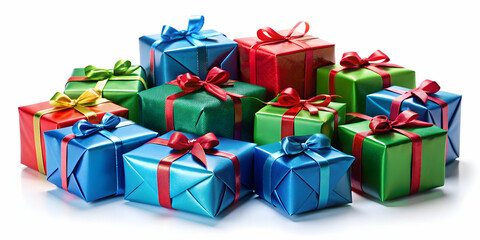 Cluster of colorful presents in blue, green, and red shades , gift boxes, presents, celebration, festive, surprise, birthday