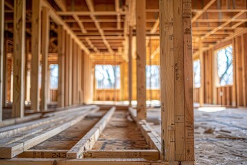 Fototapeta premium An interior view of a wooden frame construction site showcasing beams and natural light through windows.