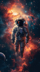 Astronaut Floating in Colorful Nebula, Space Exploration