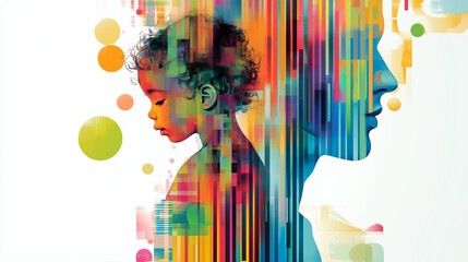 Abstract Silhouette of Adult and Child with Colorful Patterns. Representing Inner Child and Emotional Unity.