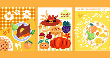 Fototapeta premium Happy Thanksgiving day template autumn Holiday design family dinner postcard with Turkey; pie, pumpkin, fruit, food Vector cute illustration