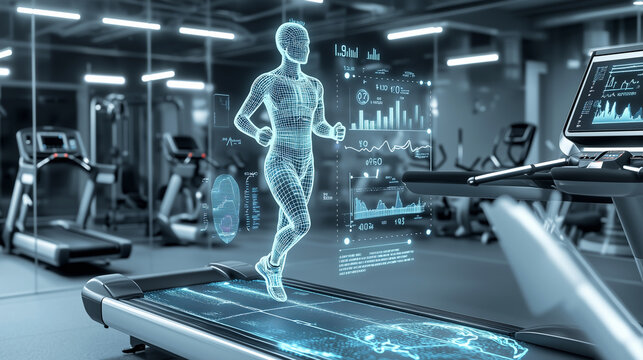 Futuristic male runner using smart treadmill technology