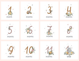A set of vector baby postcards featuring numbers and flowers, ideal for newborns. Perfect for use in baby announcements, milestone cards, nursery decor, and as gifts for new parents.
