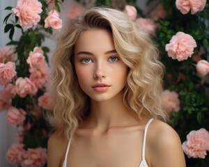 Fototapeta premium Beauty portrait of a young blonde woman on a background of pink roses