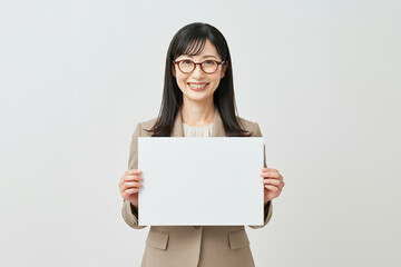 Fototapeta premium 白紙の紙を正面に持つ女性