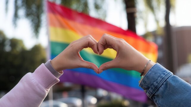 "Two Individuals Forming Heart Shape with Hands in Front of LGBTQ+ Flag" - Powered by Adobe