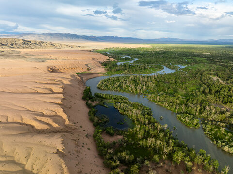 Aerial view of a serene river winding through vast sand dunes and lush vegetation under a cloudy sky, Khovd, Mongolia.