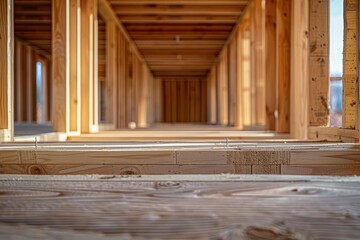 A detailed view of wooden beams and flooring in a construction frame, highlighting the craftsmanship and structure of a building.