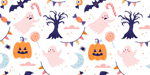 Halloween seamless pattern with cute pumpkins and ghosts. Vector illustration in flat style
