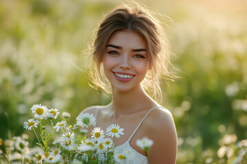 Radiant Young Woman Smiling Amidst a Field of Daisies