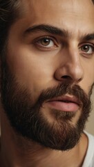Obraz premium Bearded man with introspective expression and dark hair in neutral background