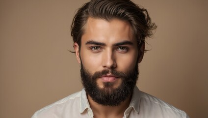 Obraz premium Portrait of man with full beard and medium-length hair, looking at camera