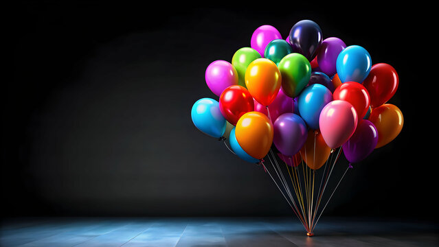 Colorful balloons floating against a sleek black background, celebration, decoration, party, vibrant, festive, helium, abstract