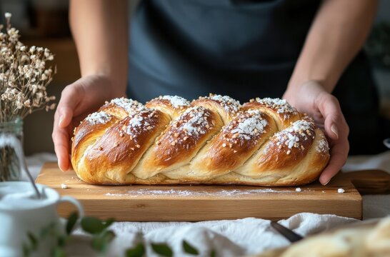 A person is holding a long loaf of bread with powdered sugar on top. The bread is on a wooden cutting board