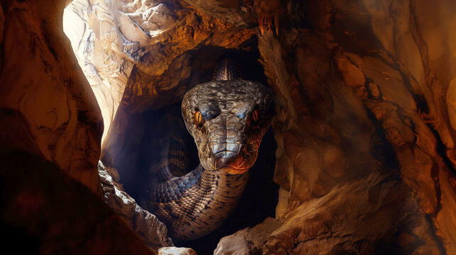A Majestic Python Emerging from Its Cave