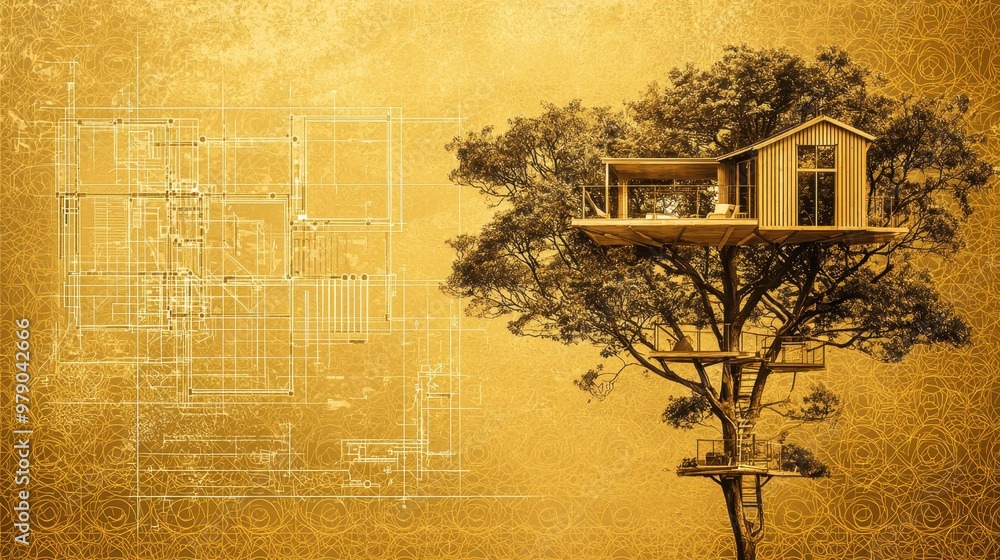 Poster treehouse architecture blueprint design golden background