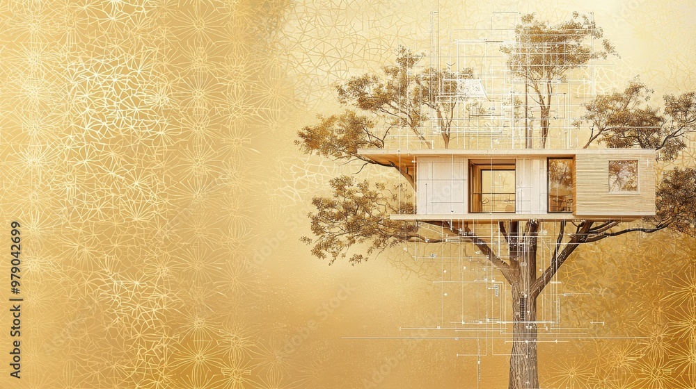 Poster treehouse architecture blueprint golden abstract background