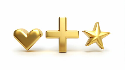 Obraz premium Golden symbols of plus sign, check mark, heart, and star on white background, shiny and symbolic, , objects, signs, symbols
