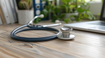 A close-up view of a stethoscope resting on a wooden desk, symbolizing health, care, and the medical profession.