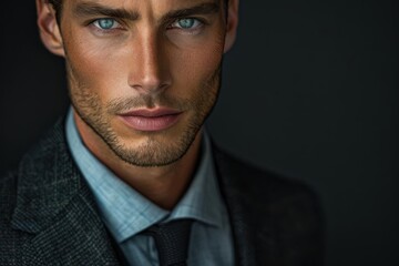 Fototapeta premium Close-up portrait of a confident man in a suit, showcasing striking blue eyes and strong facial features against a dark background.
