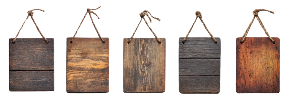 Exquisite Display of Rustic Wooden Signs with Varying Finishes and Textures in white isolated background.