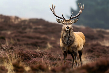 Naklejka premium A majestic adult stag with large antlers stands in a wilderness setting. The stag is surrounded by dry grass and shrubs, with a blurred natural background.