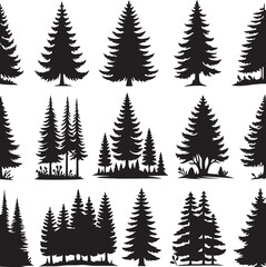 Pine Trres vector trees set. Tree icons are set in a modern flat style. Vector silhouette, graphic trees elements and landscape,generative ai,