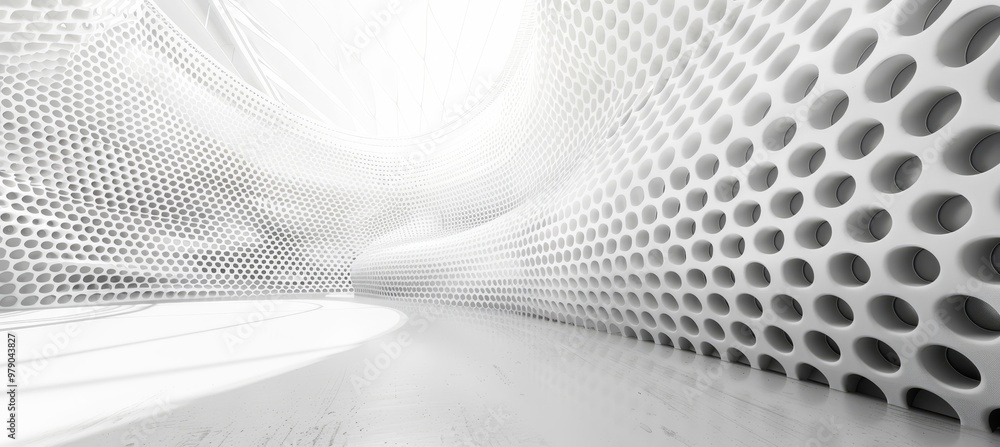 Poster abstract minimal white architecture with perforated wall pattern and empty space, 3d rendering