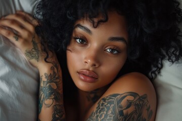 Fototapeta premium A woman with a tattoo on her arm is laying on a bed. She has a tattoo on her arm and is wearing a black shirt