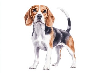 Illustrate a charming Beagle with soulful eyes in a detailed watercolor style, standing proudly on a white background Ensure the fur texture is vibrant and lifelike