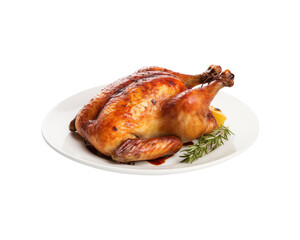 With a rosemary garnish, roasted chicken is served on a white platter. Ideal for restaurant marketing, culinary websites, cookery publications, and food blogs. Generative AI