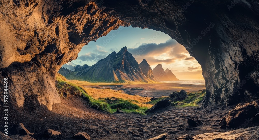 Poster a large cave with a mountain range in the background. the cave is open to the sky and the mountains 