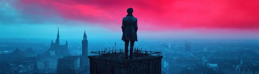 Fototapeta premium A vampire lord gazing out over a haunted city from the top of a crumbling, gothic skyscraper under a bloodred Halloween sky