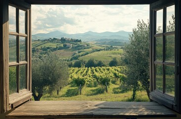 Obraz premium A window overlooking a vineyard with a view of the mountains. The scene is peaceful and serene, with the lush green vines and the beautiful landscape