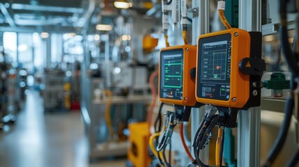 Precision Monitoring of Temperature and Humidity Levels in Product Testing Room, Digital Sensors Display Readings on Wall