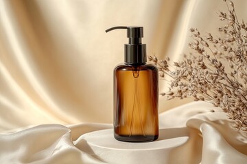 Naklejka premium Dark amber glass pump bottle on satin cloth podium. Beige color background with dried flax flowers. Natural cosmetics products design