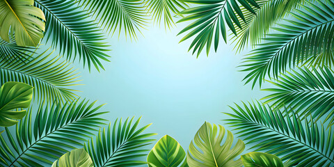 Tropical palm leaves background with space for text, summer, exotic, trendy, vibrant, lush, foliage