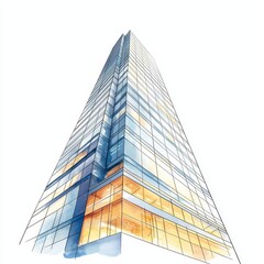 Illustrate a modern skyscraper from a low-angle view, with a sleek glass facade reflecting a busy urban street below, showcasing architectural grandeur