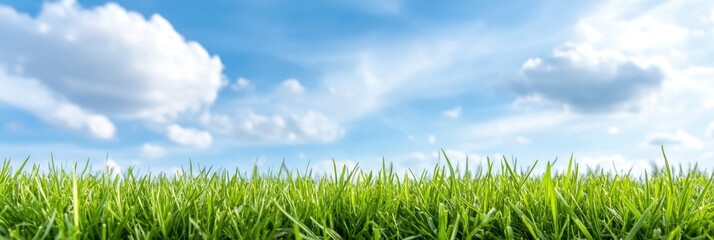 Gorgeous natural beautiful view of a blue sky with clouds in the horizon set against a green field of mowed grass. A lush green grass on a beautiful summer's day.