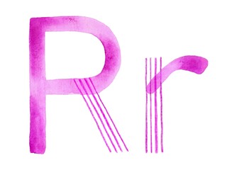Artistic pink watercolor uppercase 'R' and lowercase 'r', created with soft, flowing brushstrokes. Ideal for feminine designs, modern branding, and creative projects.