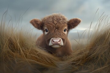 Adorable baby highland cow, autumn color mood, young calf, grass fed beef, agriculture livestock.