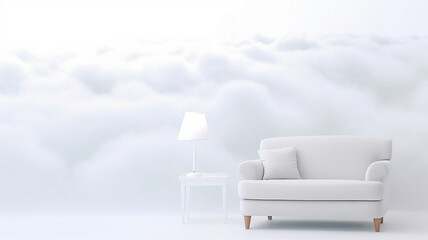 armchair in a white cloud interior, abstract white cloud background and a place to sit, light background with copy space