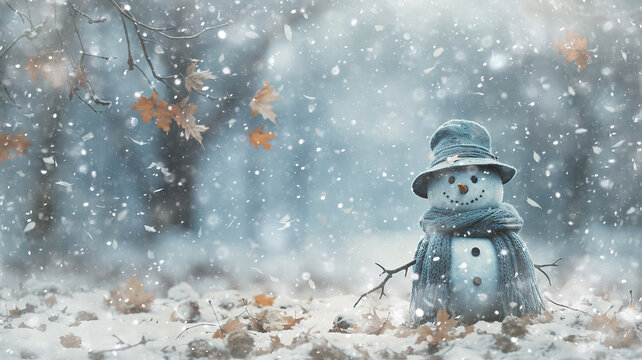 art background, autumn snowman postcard, illustration white snow background in november, cold autumn winter view december calendar