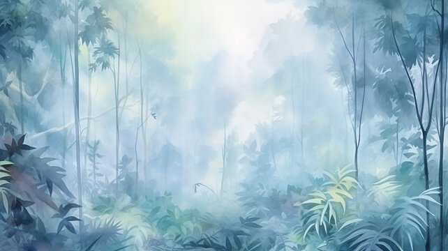 watercolor background light green blue and white shades rainforest in the rainy season, abstract background