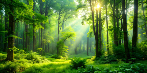 Lush green forest bathed in soft morning light, forest, trees, nature, sunrise, peaceful, tranquil, serene, landscape