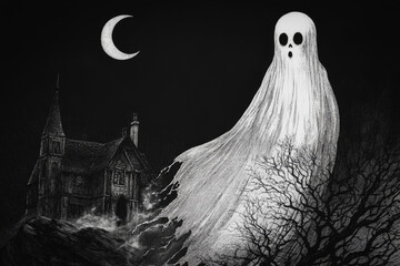 Eerie Ghost.  Generated image.  A digital illustration of a strange lonely ghost  in a Gothic scene.
