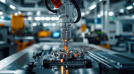 Fototapeta premium Precision Robotic Inspection of Machined Component in Modern Manufacturing Facility