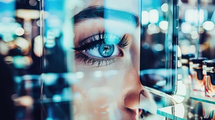 Close-up of a person&rsquo;s face with intense focus on a high-end smartphone, set against a blurred background filled with luxury products.Millennial,Gen Z,social media,5G,AI,desire,craving.